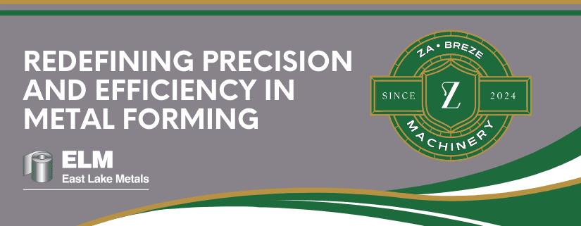 A green-themed image showcasing the Za•Breze soffit machine by East Lake Metals, emphasizing precision and efficiency in metal forming.