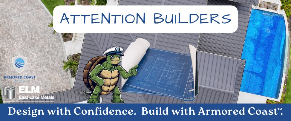 High-angle aerial view of a complex, multi-gabled residential roof featuring dark grey standing seam metal panels overlooking a coastal waterway.