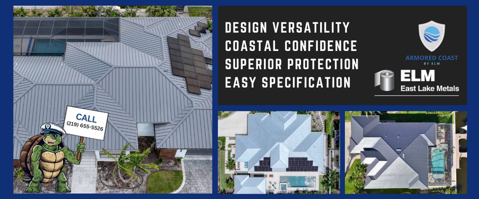 An aerial perspective of a large, white two-story luxury waterfront home featuring a high-reflectivity white metal roof, integrated into a strategy for protecting coastal roofs from rust.