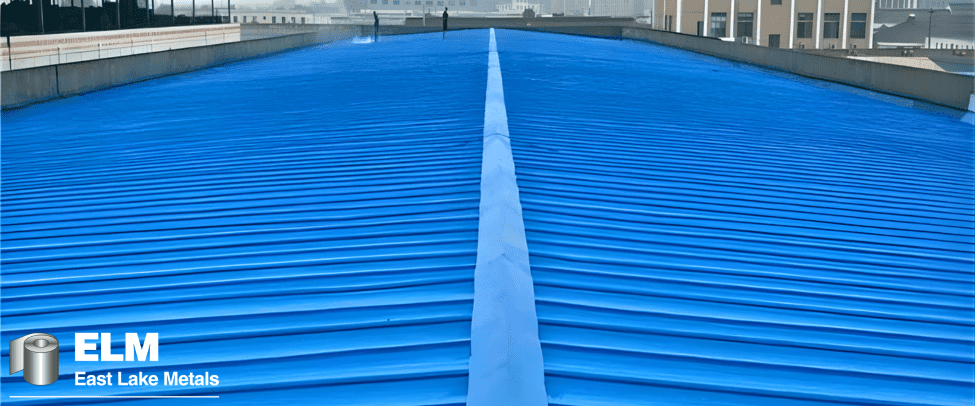 Wide-angle view of a large-scale industrial building envelope featuring a vibrant blue energy efficient roofing system with high-reflectivity coatings and long-span metal panels provided by East Lake Metals.