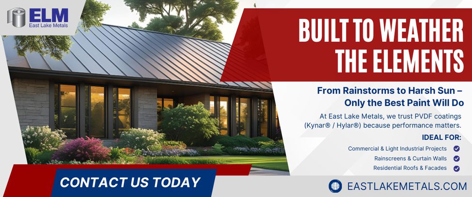 A professional marketing graphic for East Lake Metals titled "Built to Weather the Elements," featuring a modern home with a high-performance dark grey metal roof engineered for preventing chalking and fading in metal roofing.