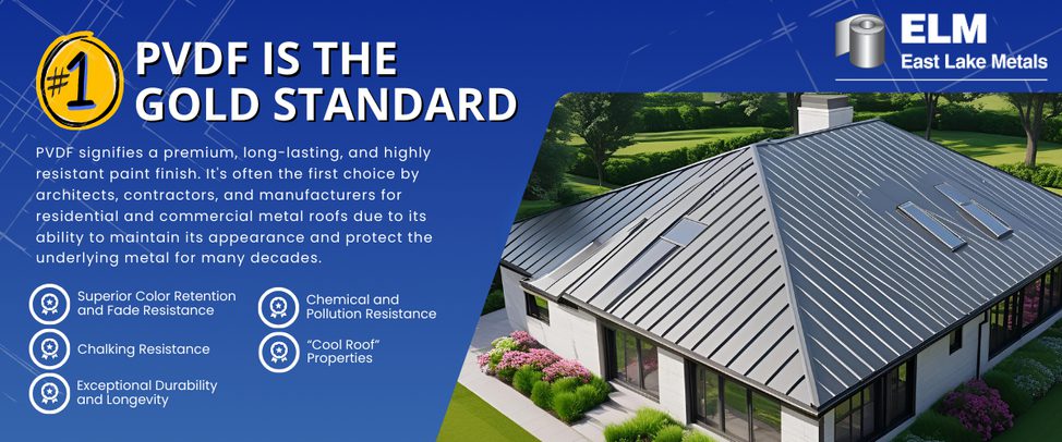 An educational graphic explaining that PVDF finishes are the gold standard for preventing chalking and fading in metal roofing, featuring a modern home with a grey standing seam roof and a list of protective benefits.