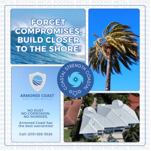 East Lake Metals infographic for "Armored Coast," showcasing the resilience of a coastal building envelope against salt spray and high-velocity winds, featuring a white standing seam roof to highlight their reputation as a trusted metal supplier for shoreline properties.