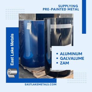Professional East Lake Metals banner showcasing industrial coils of Aluminum, Galvalume, and ZAM, highlighting the industry-leading prepainted metal color retention for large-scale building projects.