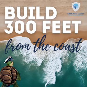 Professional graphic for East Lake Metals featuring the Armored Coast logo and a turtle mascot overlooking waves, with text emphasizing the ability to build within 300 feet of the shoreline using Armored Coast Roofing in Florida.