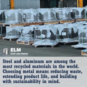 East Lake Metals brand graphic featuring rows of palletized, wrapped metal coils in a warehouse, emphasizing the sustainability and recyclability of steel and aluminum as a foundation for high-performance energy efficient roofing. Technical Performance: Energy Efficient Roofing & Sustainability