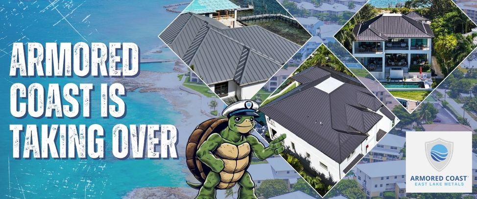 A collage of coastal homes with standing seam metal roofs, illustrating the Armored Coast line provided by a trusted metal supplier for construction projects, East Lake Metals.