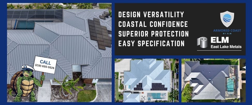 A collage of aerial views showing multi-gable Florida homes with standing seam metal roofs, illustrating the "Full-Circle" protection of coastal roofing solutions for Florida properties from East Lake Metals.