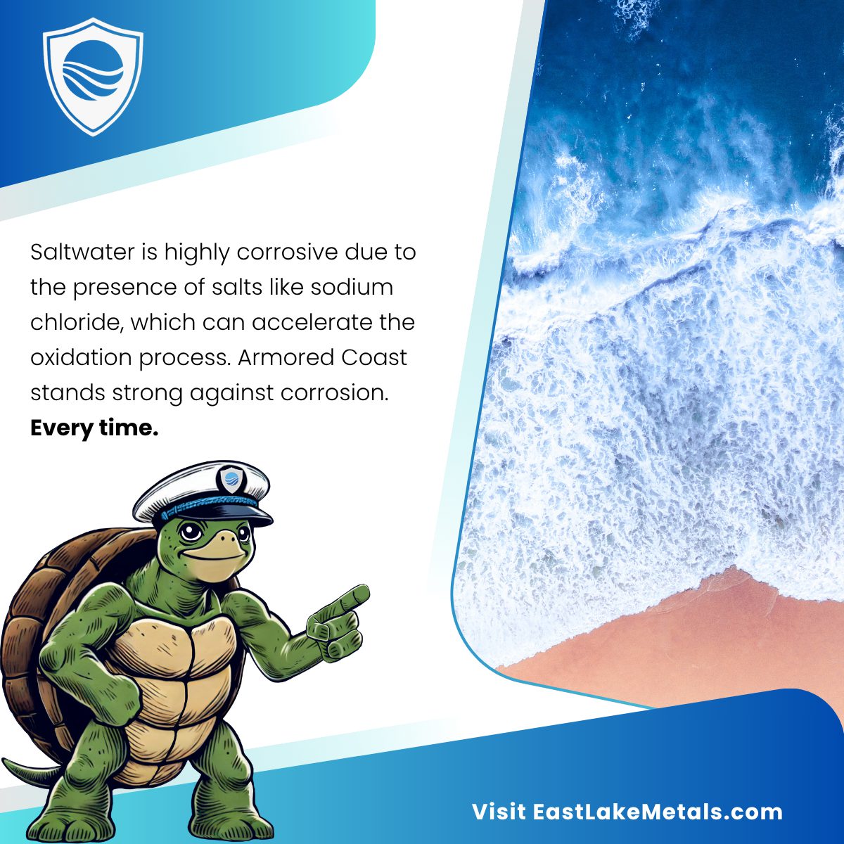 An educational graphic explaining saltwater corrosion and oxidation, featuring the Armored Coast mascot and promoting durable coastal roofing solutions for Florida properties from East Lake Metals.