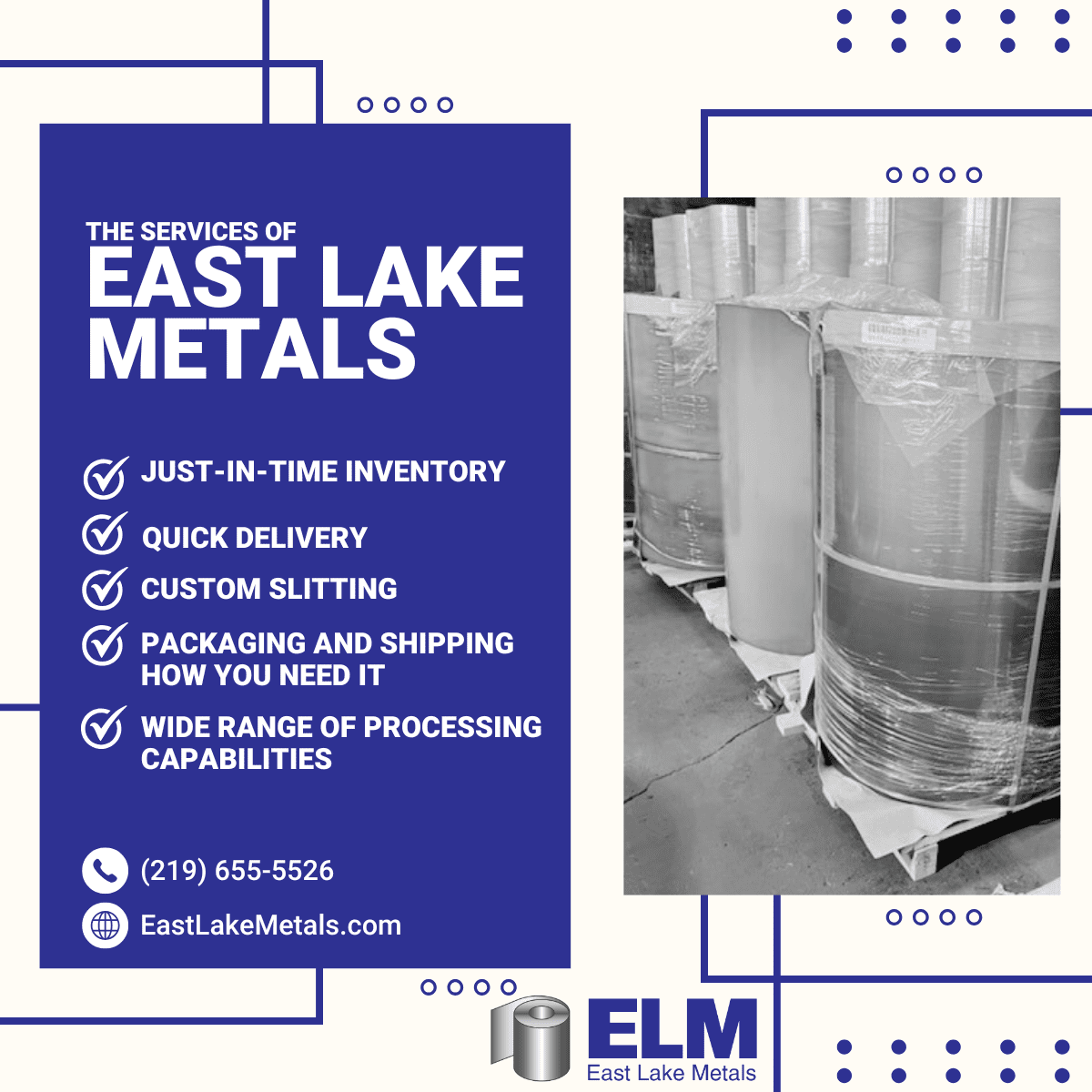 A services infographic from East Lake Metals, highlighting just-in-time inventory and custom slitting as a trusted metal supplier for construction projects.