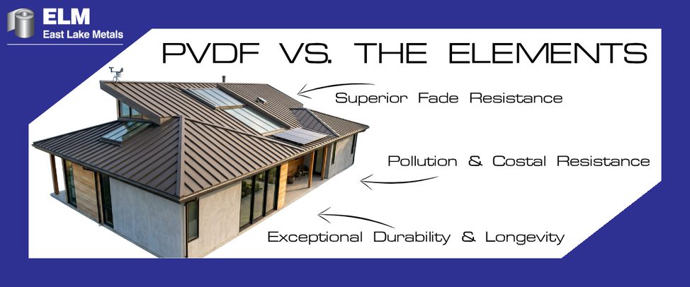 An architectural graphic titled "PVDF vs. The Elements," showing a modern home with a bronze metal roof engineered with long-lasting UV resistant coatings from East Lake Metals.