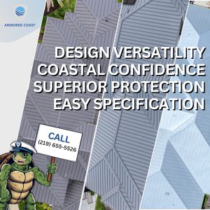 A multi-panel collage of various matte-finished standing seam roof profiles, showcasing design versatility that meets strict coastal construction material standards from East Lake Metals.