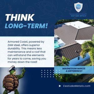 A high-angle field photo of a custom modern coastal villa featuring a bronze standing seam roof, demonstrating high-durability compliance with coastal construction material standards from East Lake Metals.