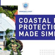 An aerial view of a luxury waterfront home featuring a white metal roof, demonstrating effective strategies for protecting coastal roofs from rust with East Lake Metals' Armored Coast products.