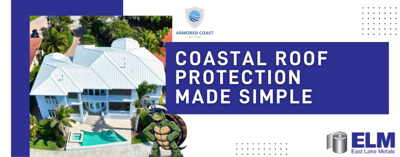An aerial view of a luxury waterfront home featuring a white metal roof, demonstrating effective strategies for protecting coastal roofs from rust with East Lake Metals' Armored Coast products.