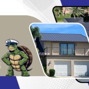 Professional banner for East Lake Metals titled "Durable Coastal Roofing Solutions," featuring aerial and side views of high-performance standing seam metal roofs and a turtle mascot to illustrate Armored Coast Roofing in Florida.