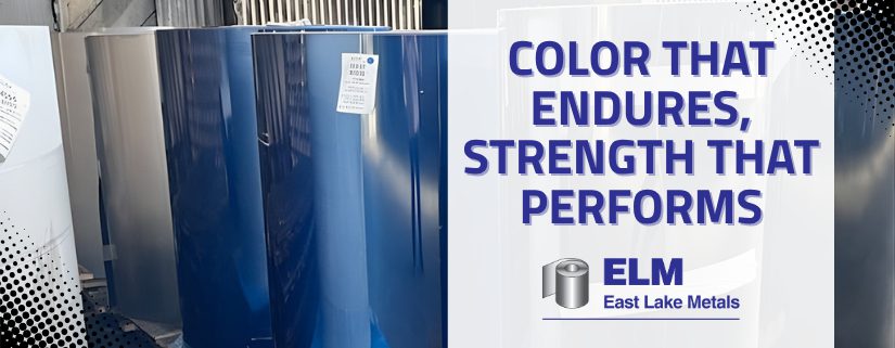 Large coils of vibrant blue and silver architectural metal, illustrating the high-performance prepainted metal color retention standards of East Lake Metals.
