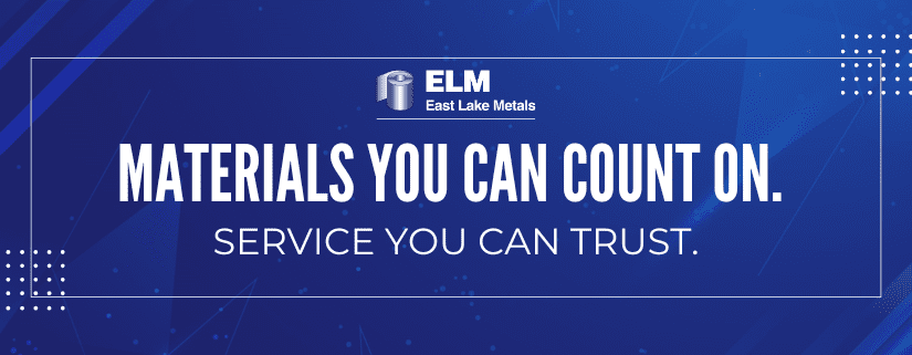 A professional brand banner for East Lake Metals, a trusted metal supplier for construction projects, featuring the slogan "Materials You Can Count On. Service You Can Trust."