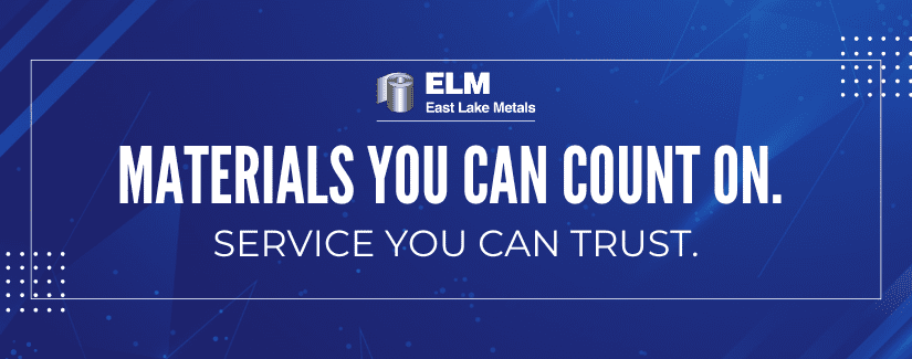 A professional brand banner for East Lake Metals, a trusted metal supplier for construction projects, featuring the slogan "Materials You Can Count On. Service You Can Trust."