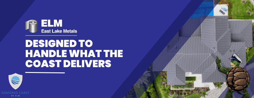 A professional brand banner for Armored Coast by East Lake Metals, showcasing high-performance coastal roofing solutions for Florida properties designed to handle extreme salt air and tropical storm conditions.