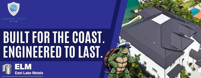 An architectural standing seam roof overview by East Lake Metals, promoting Armored Coast systems that satisfy rigorous coastal construction material standards.